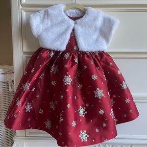 Bonnie Jean Red Holiday Dress with Embroidered Snowflakes & Faux Fur Bolero, 3T